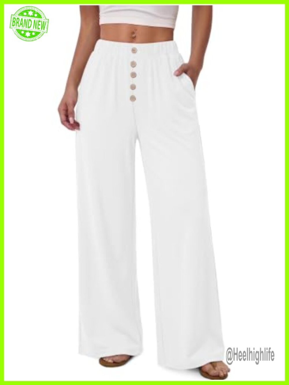 Wide Leg Palazzo Trousers High Waisted Pull On Pockets Flowy Summer Beach